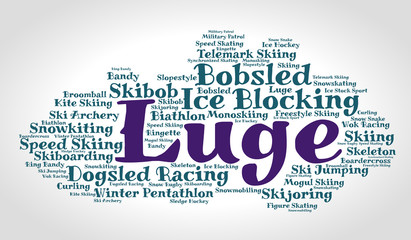 Luge. Word cloud, italic font, grey gradient background. Olympics.