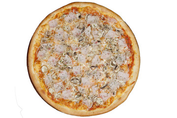 Top view of pizza with ham, mushroom, onion and cheese.