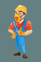 builder in helmet and respirator shows like with his hand.