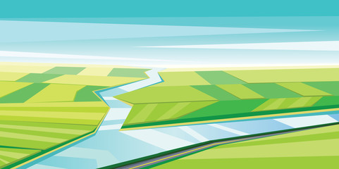 Digital vector abstract background with river and green fields, flat triangle style