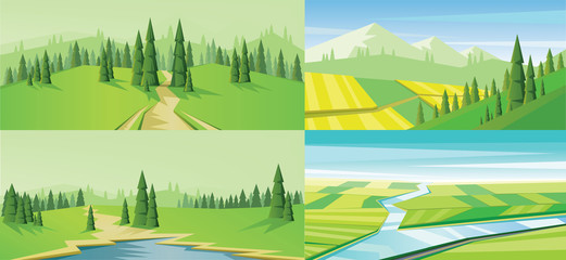 Fototapeta na wymiar Digital vector abstract background set with a road, lake, pines and mountains, flat triangle style