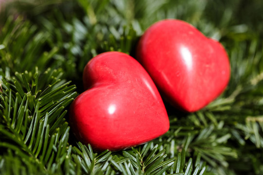 Two red hearts on background of fir branches. Valentine Day 