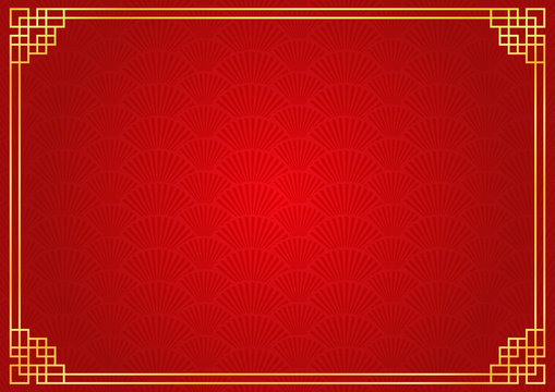 chinese new year background with golden border, abstract oriental wallpaper with decoration frame, red chinese fan inspiration 