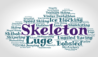 Skeleton. Word cloud, italic font, grey gradient background. Olympics.	