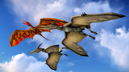 Flying pterodactyl against the beautiful cloudscape 3d illustration © satori