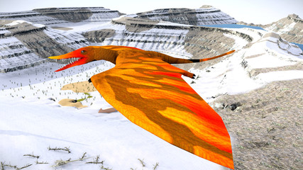 Flying pterodactyl against the beautiful cloudscape 3d illustration © satori