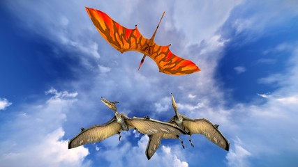 Flying pterodactyl against the beautiful cloudscape 3d illustration © satori