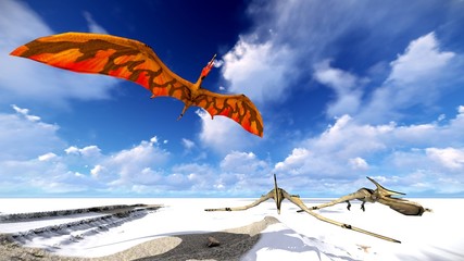 Flying pterodactyl against the beautiful cloudscape 3d illustration © satori