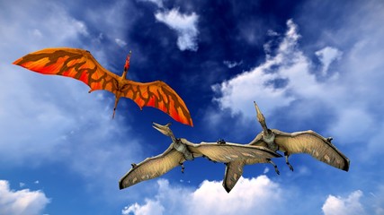 Flying pterodactyl against the beautiful cloudscape 3d illustration © satori