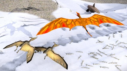 Flying pterodactyl against the beautiful cloudscape 3d illustration © satori
