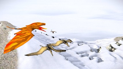 Flying pterodactyl against the beautiful cloudscape 3d illustration © satori