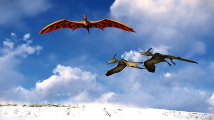 Flying pterodactyl against the beautiful cloudscape 3d illustration © satori