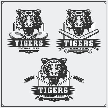 Football, baseball and hockey logos and labels. Sport club emblems with tiger.