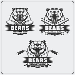 Football, baseball and hockey logos and labels. Sport club emblems with bear.