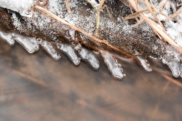 Thin layers of ice forming on the side of a freezing stream.