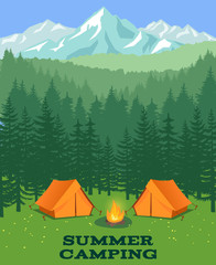 Forest camping vector illustration. Tourist tent on glade