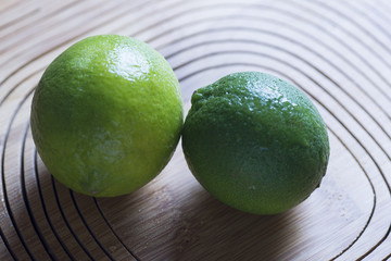 green, lemon, lime, and, spearmint on wooden background