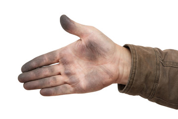 Dirty male hands on a white background