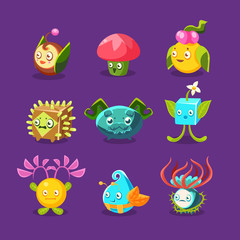 Obraz premium Childish Alien Fantastic Alive Plants Emoji Characters Collection Of Vector Fantasy Vegetation