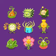 Fotobehang Childish Alien Fantastic Alive Plants Emoji Characters Set Of Vector Fantasy Vegetation © topvectors