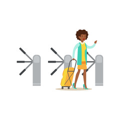 Woman Passing Turnstile With Suitcase, Part Of Airport And Air Travel Related Scenes Series Of Vector Illustrations