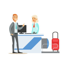 Man Checking In For A Flight At Registration Counter, Part Of Airport And Air Travel Related Scenes Series Of Vector Illustrations