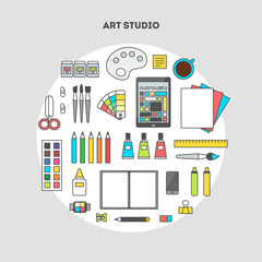 Flat design vector illustration of modern creative office workspace, workplace of designer and artist. The office of a creative worker. Flat minimalist style with contour for Web and Mobile App