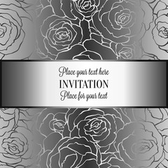 Abstract background with roses, luxury metal silver vintage tracery made of roses, damask floral wallpaper ornaments, invitation card, baroque style booklet, fashion pattern, template for design