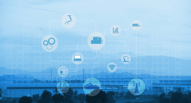 Industry 4.0 and Smart manufacturing concept. Industrial 4.0 process diagram on industrial factory and infrastructure background. - Powered by Adobe