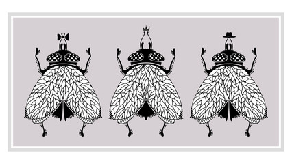 Three flies on grey background. Vector illustration.