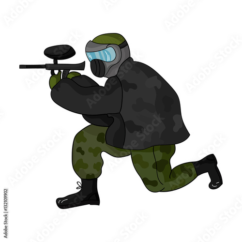 "Paintball player icon in cartoon style isolated on white background