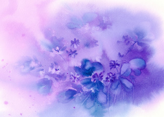 Blue hepatica on violet background watercolor