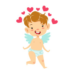Boy Baby Cupid With Many Pink Hearts, Winged Toddler In Diaper Adorable Love Symbol Cartoon Character