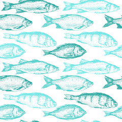 Vector illustration with sketches of fish. Hand-drawn seamless background blue color. Seafood pattern.