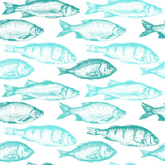 Obraz premium Vector illustration with sketches of fish. Hand-drawn seamless background blue color. Seafood pattern.
