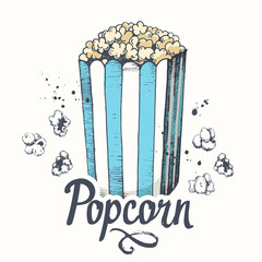 Vector illustration with sketch popcorn bucket. Cinema snack. Hand drawn fast food. Movie Time poster.