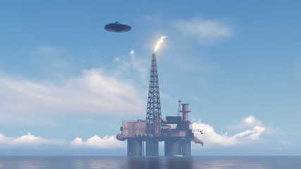 3d UFO above the station of oil in the ocean
