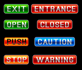 Web Elements Vector Button Set. Plate exit, entrance, open, closed, push, caution, warning, stop. Green, red, blue, orange volume buttons, signs on black background.