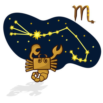 Cartoon Zodiac signs. Vector illustration of scorpion in the form of a rectangle. A schematic arrangement of stars in the constellation Scorpio