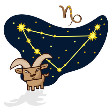 Cartoon Zodiac signs. Vector illustration of the Capricorn with a rectangular face. A schematic arrangement of stars in the constellation Capricornus