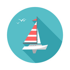 Boat icon with long shadow. Flat design style. Round icon. Boat silhouette. Simple circle icon. Modern flat icon in stylish colors. Web site page and mobile app design vector element.