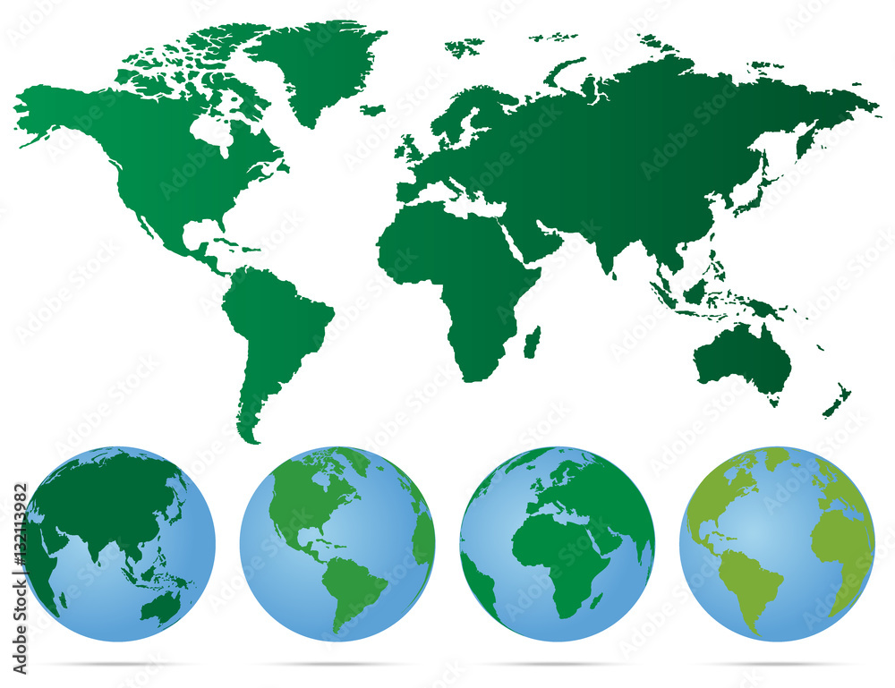 Sticker set of globes with different continents and a map earth