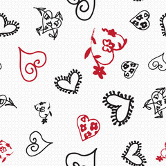 Retro hand-drawn sketches seamless background with hearts for valentines and wedding day