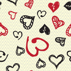 Retro hand-drawn sketches seamless background with hearts for valentines and wedding day