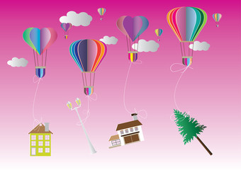 Naklejka premium magic of courier delivery service with heavy post parcel and hot air balloon - Vector Illustration , paper art style