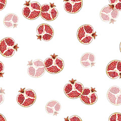 Ripe fruit of red pomegranate is isolated on a white background. Watercolor illustration of pomegranate. Hand drawn watercolor painting. Seamless pattern