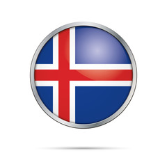 Vector Icelandic flag Button. Iceland flag in glass button style with metal frame.