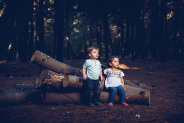 Two kids sitting at log