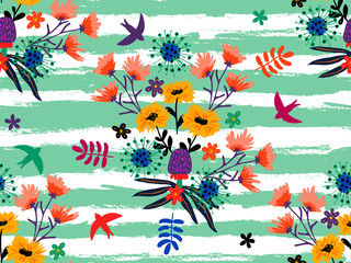 Fototapeta na wymiar Seamless spring floral pattern with flowers and leaves. Summer floral background. Vector illustration. Perfect for wallpapers, pattern fills, web page backgrounds, surface textures, textile