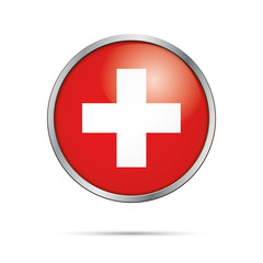Obraz premium Vector Swiss flag Button. Switzerland flag in glass button style with metal frame.
